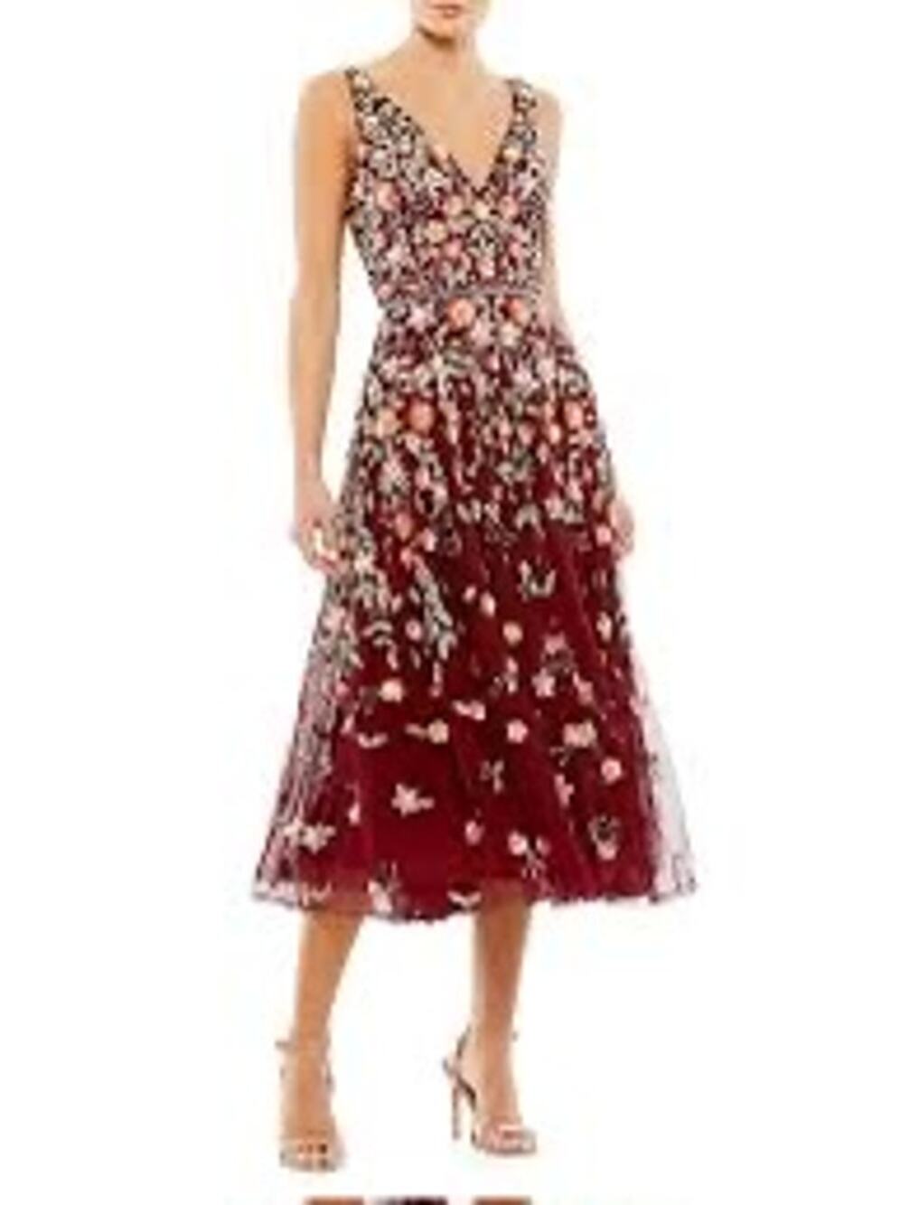 NWT Mac Duggal 5527 V-Neck Floral Beaded Midi Dress Burgundy Size 6